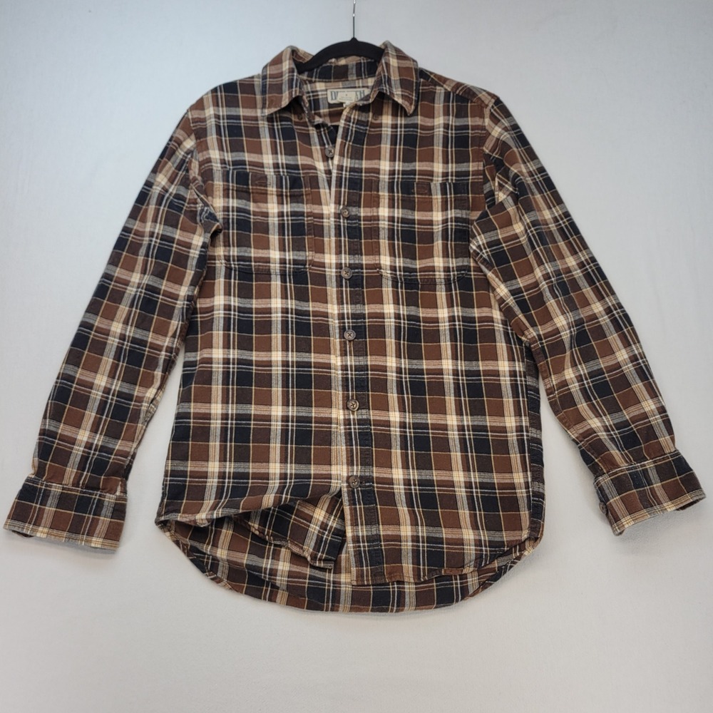 Duluth Trading Co Flannel Shirt Mens Small Brown Plaid Trim Fit Cotton